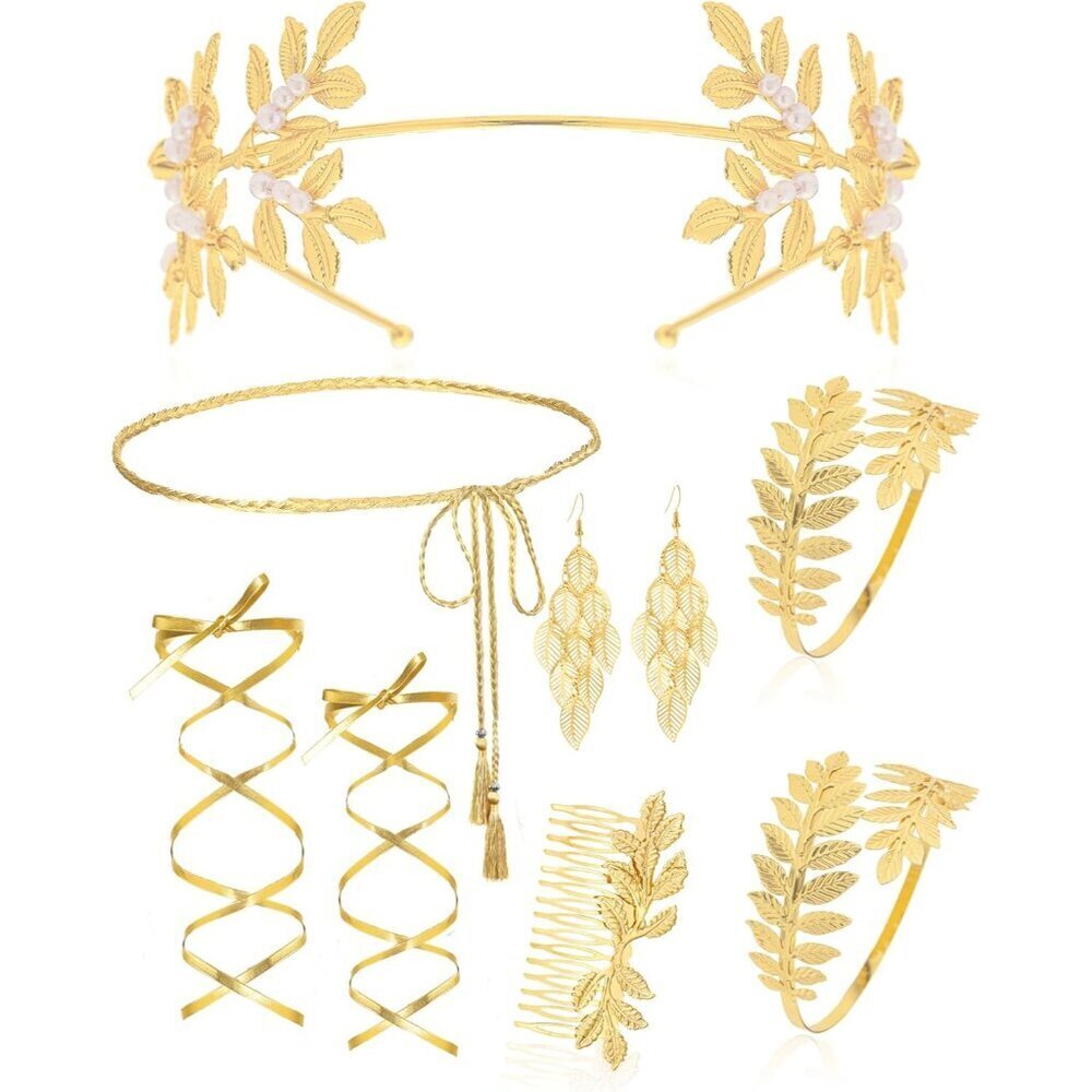 Greek Goddess Costume Accessories Set Crown Earrings Waist Belt for Party Bridal